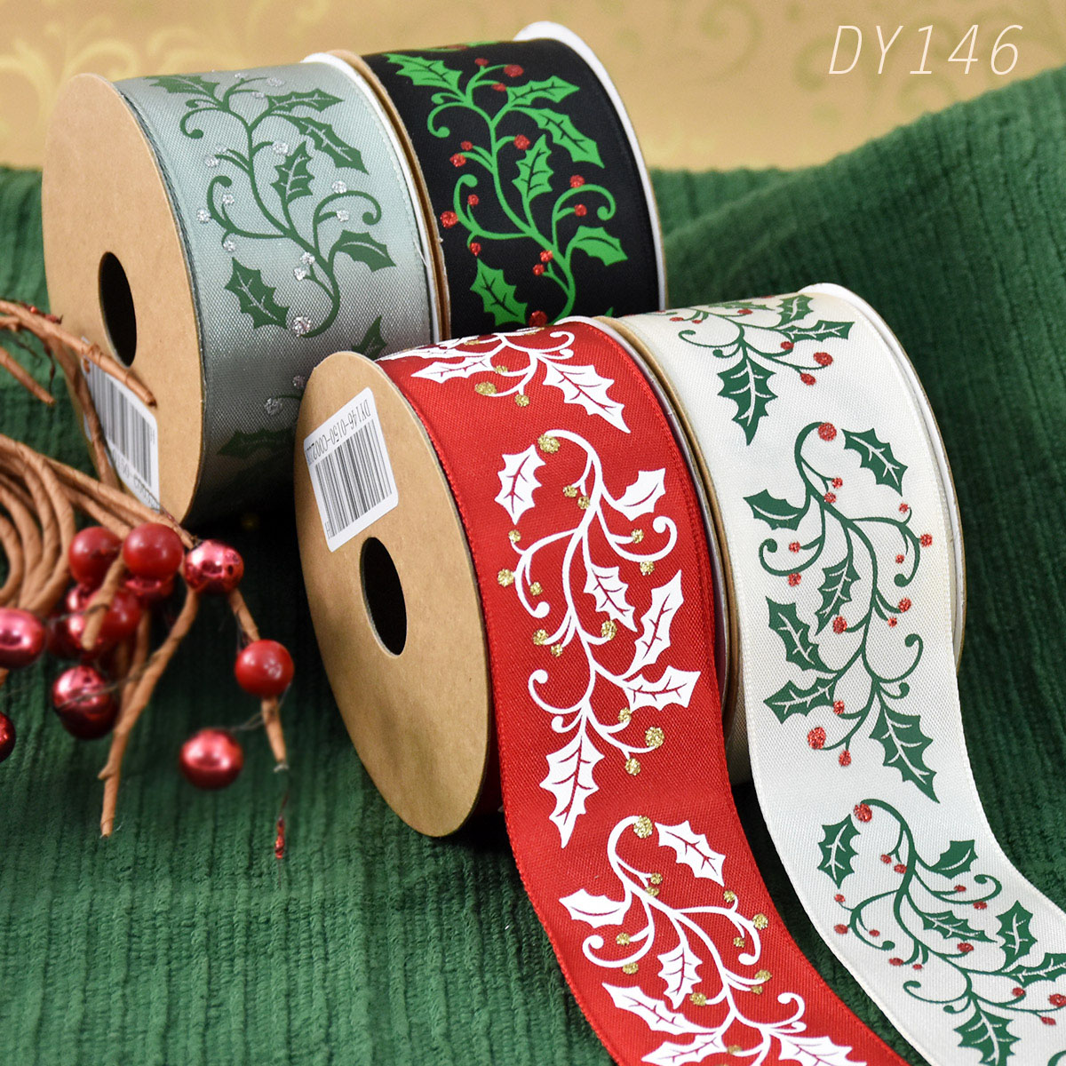 Christmas Holly Leaves With Berries Ribbon