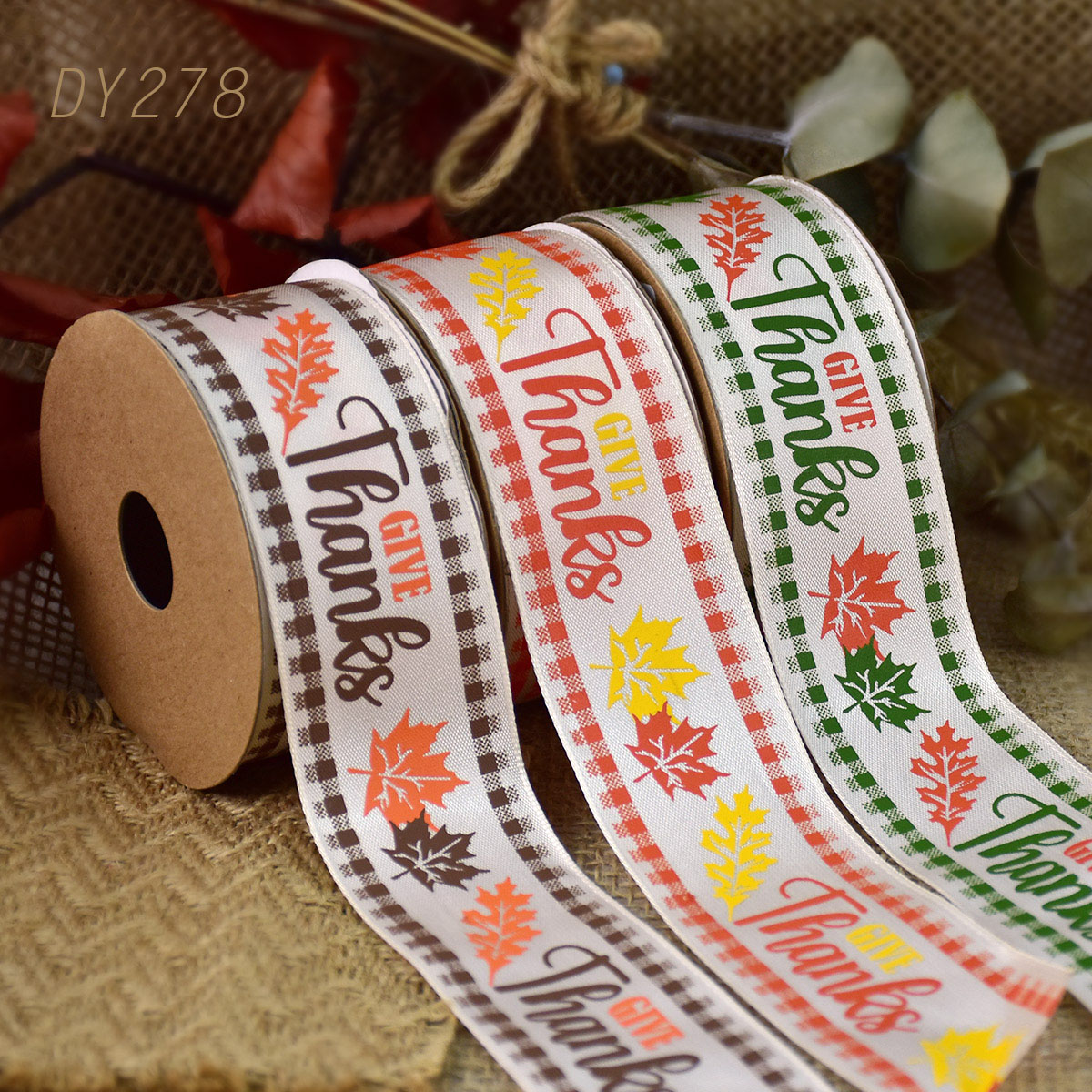 Fall Give Thanks Leaves Wired Ribbon