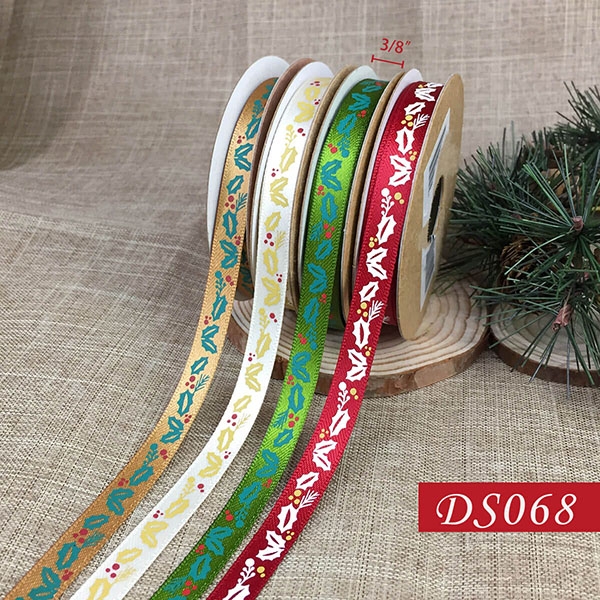 Narrow Christmas Holly Leaves Ribbon