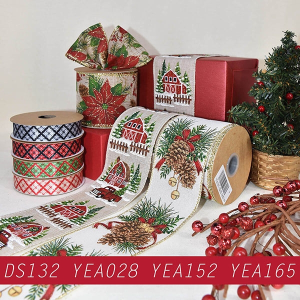 Christmas Farmhouse and Pinecone Ribbon