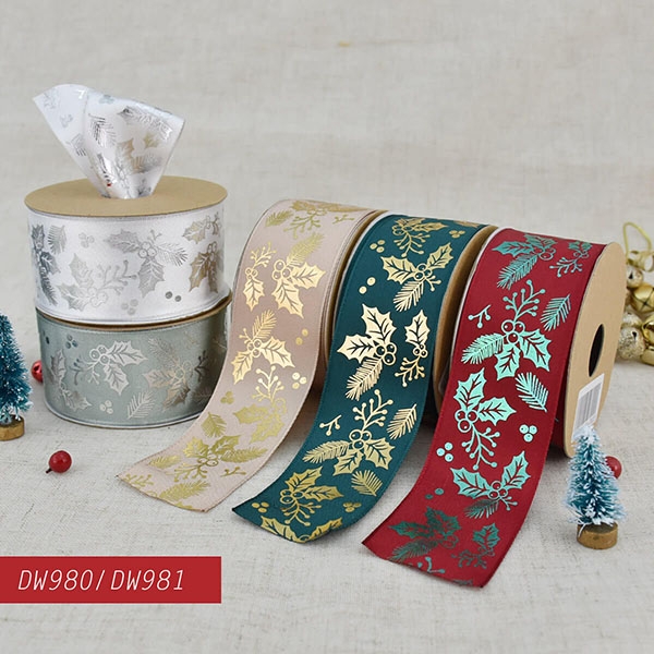 Christmas Foil Holly Leaves Ribbon