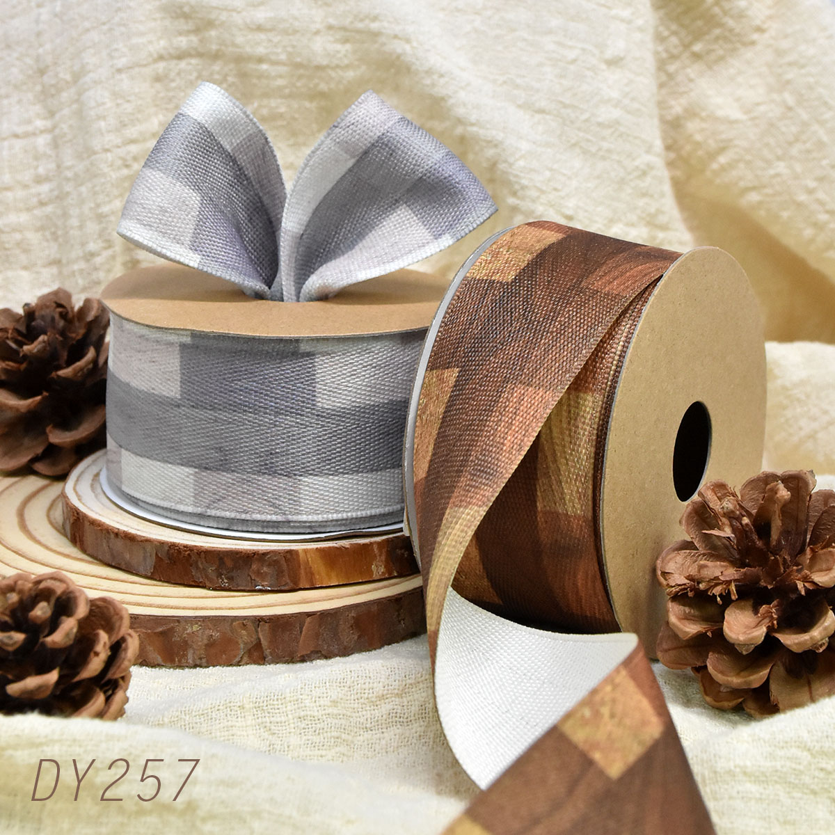 Woven Taffeta with Wood Grain Print Wired Ribbon