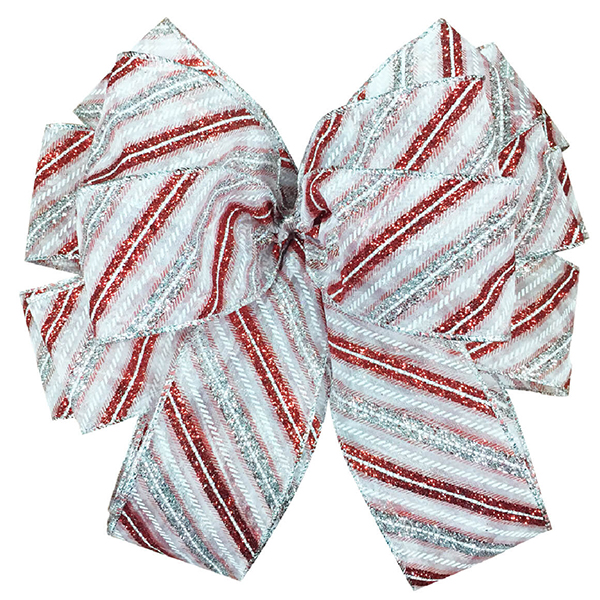 Christmas White Red Silver Diagonal Stripes Wired Ribbon Bow