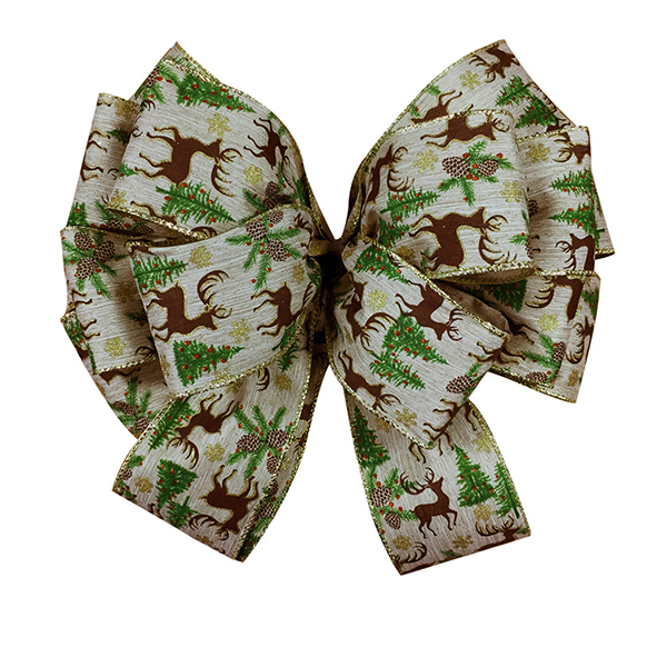 Christmas Deer Tree Pinecone Wired Ribbon Bow