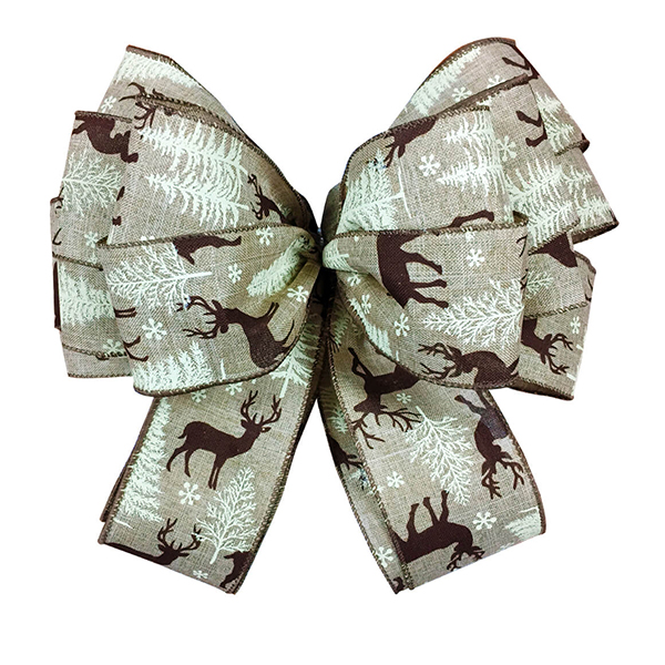 Christmas Deer Tree Snowflake Wired Ribbon Bow