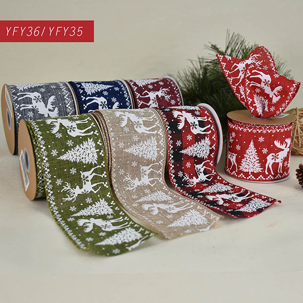 Christmas Linen with Tree and Reindeer Ribbon