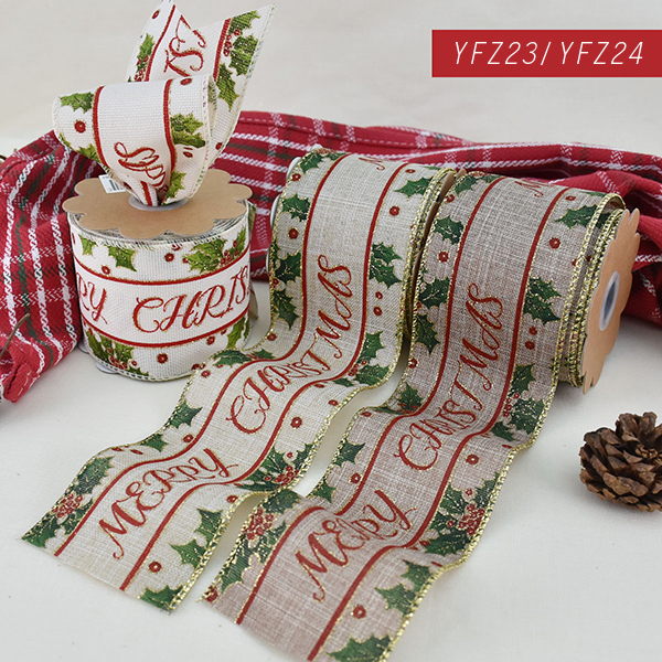 Merry Christmas with Holly Leaves Ribbon