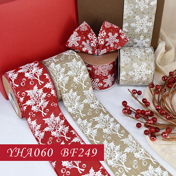 Christmas Holly Leaves and Snowflakes Ribbon