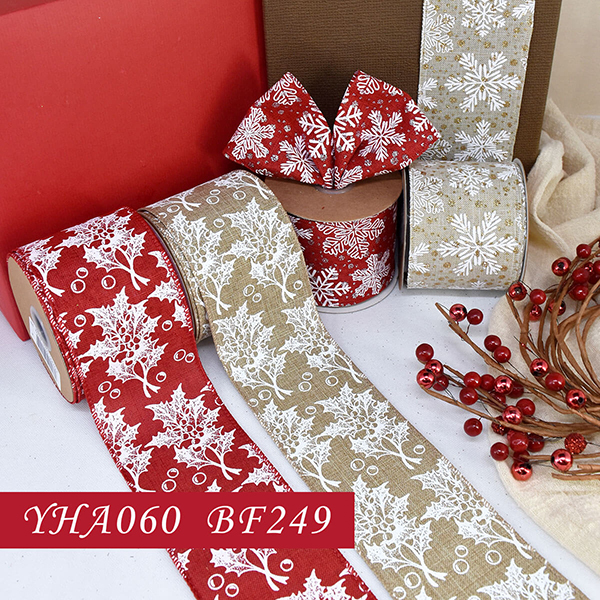 Christmas Holly Leaves and Snowflakes Ribbon