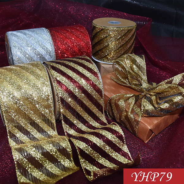 Christmas Sheer with Glitter Diagonal Stripes Ribbon