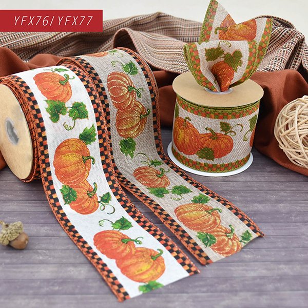 Fall Pumpkin Plaid Edge Wired Ribbon